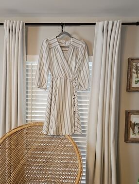 Calvin Klein Cream and Gray Striped Wrap Midi Dress